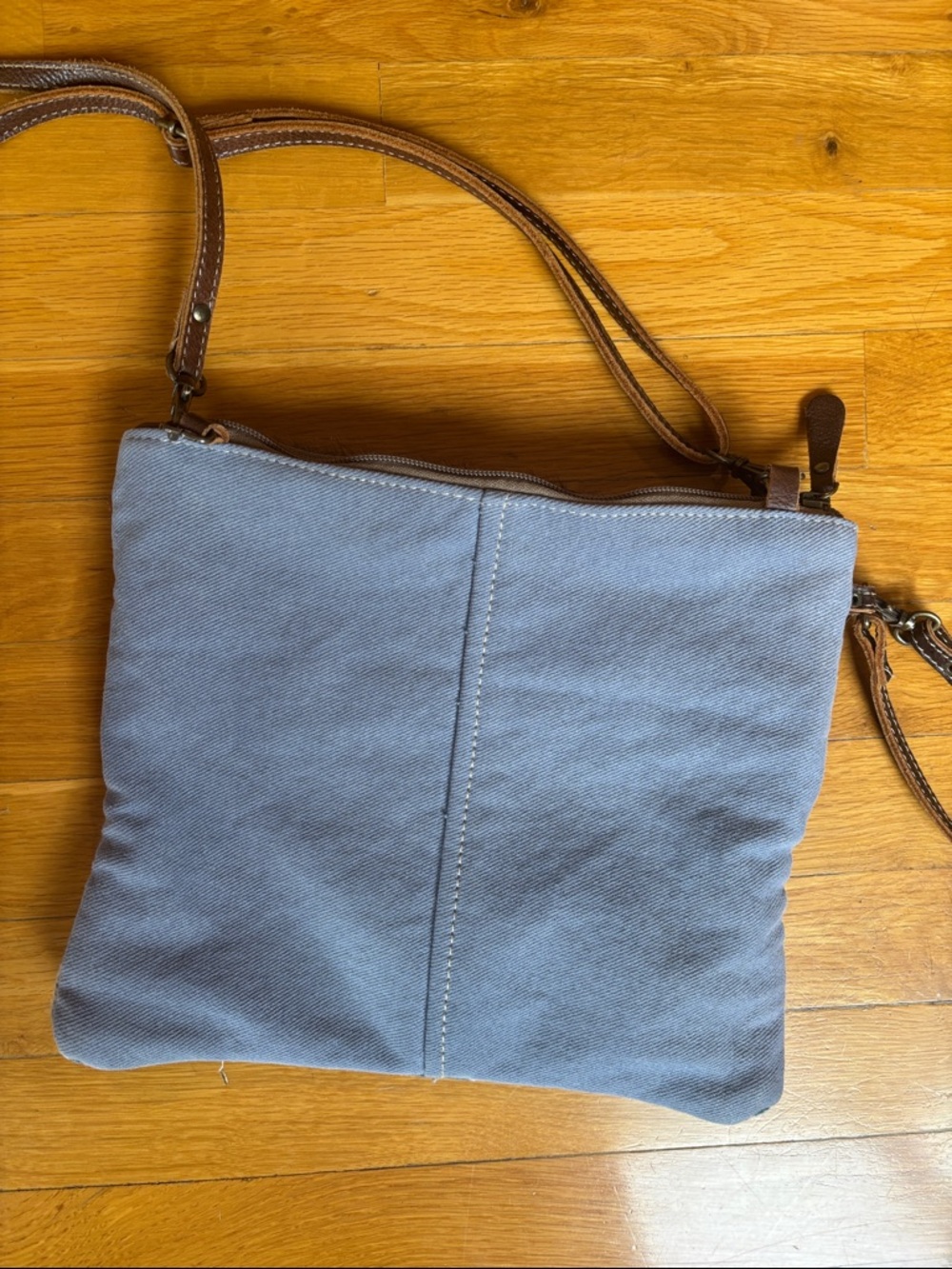 Myra Bag Blue Geometric Pattern Crossbody with Brown Trim - Picture 2 of 3